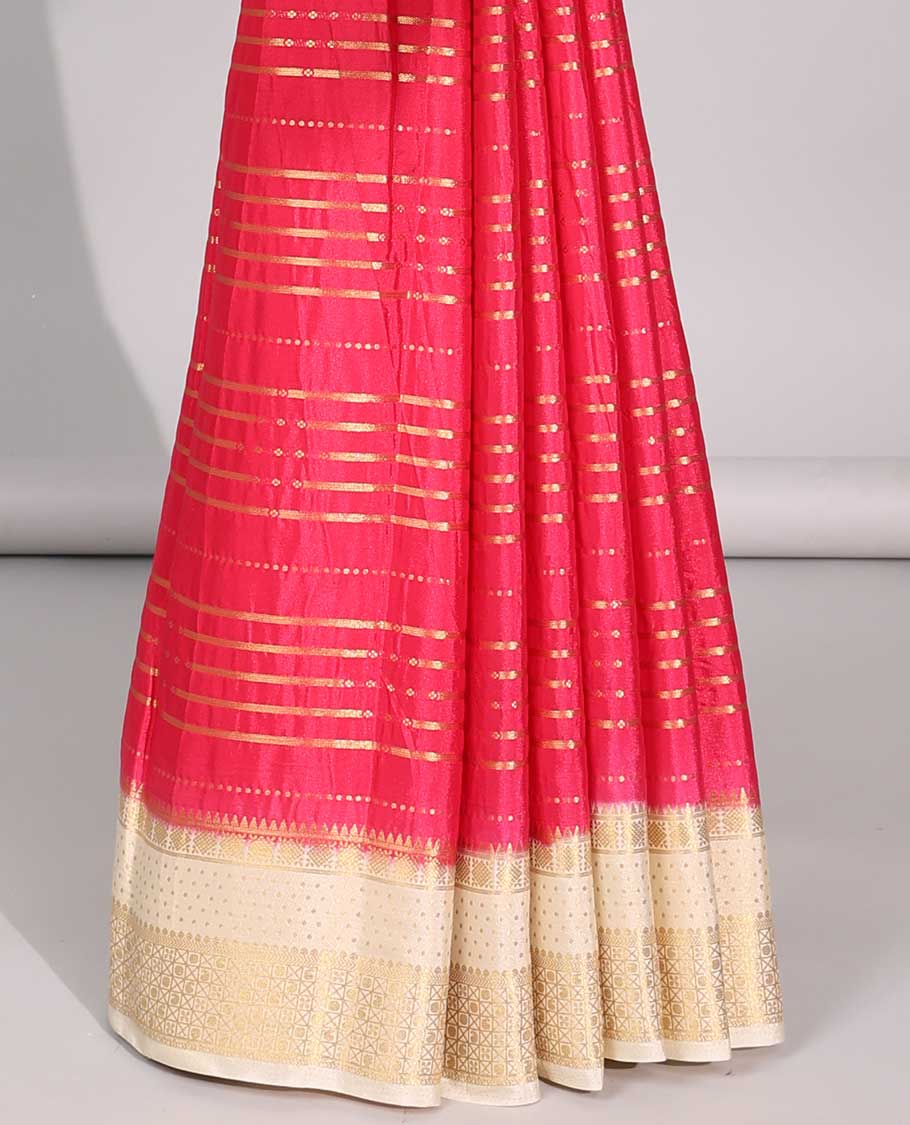 Red striped art mysore silk saree  with contrast zari border & forest design pallu