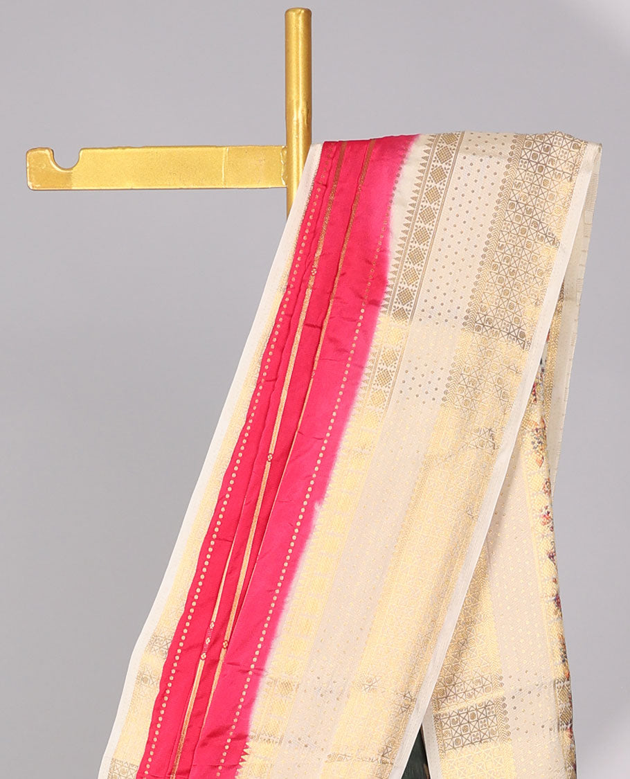 Red striped art mysore silk saree  with contrast zari border & forest design pallu