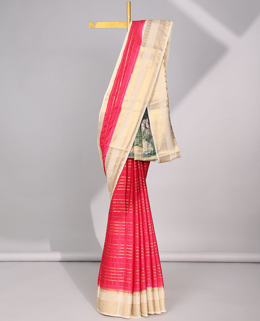 Red striped art mysore silk saree  with contrast zari border & forest design pallu