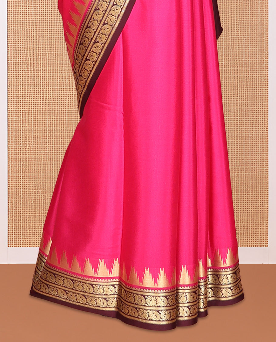 Pink Plain Mysore Silk Saree, Complemented by a Contrast Temple Peacock Zari Border, Zari Design Pallu, and a Contrast Blouse