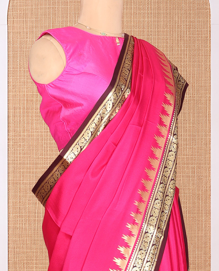 Pink Plain Mysore Silk Saree, Complemented by a Contrast Temple Peacock Zari Border, Zari Design Pallu, and a Contrast Blouse