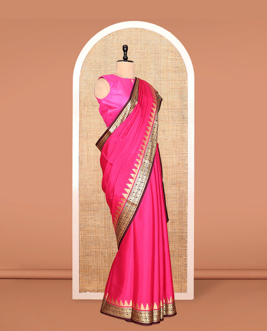 Pink Plain Mysore Silk Saree, Complemented by a Contrast Temple Peacock Zari Border, Zari Design Pallu, and a Contrast Blouse