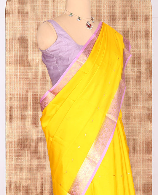 Yellow Zari Buttas Mysore Silk Saree, Complemented by a Contrast Traditional Zari Border, Zari Design Pallu, and a Contrast Blouse