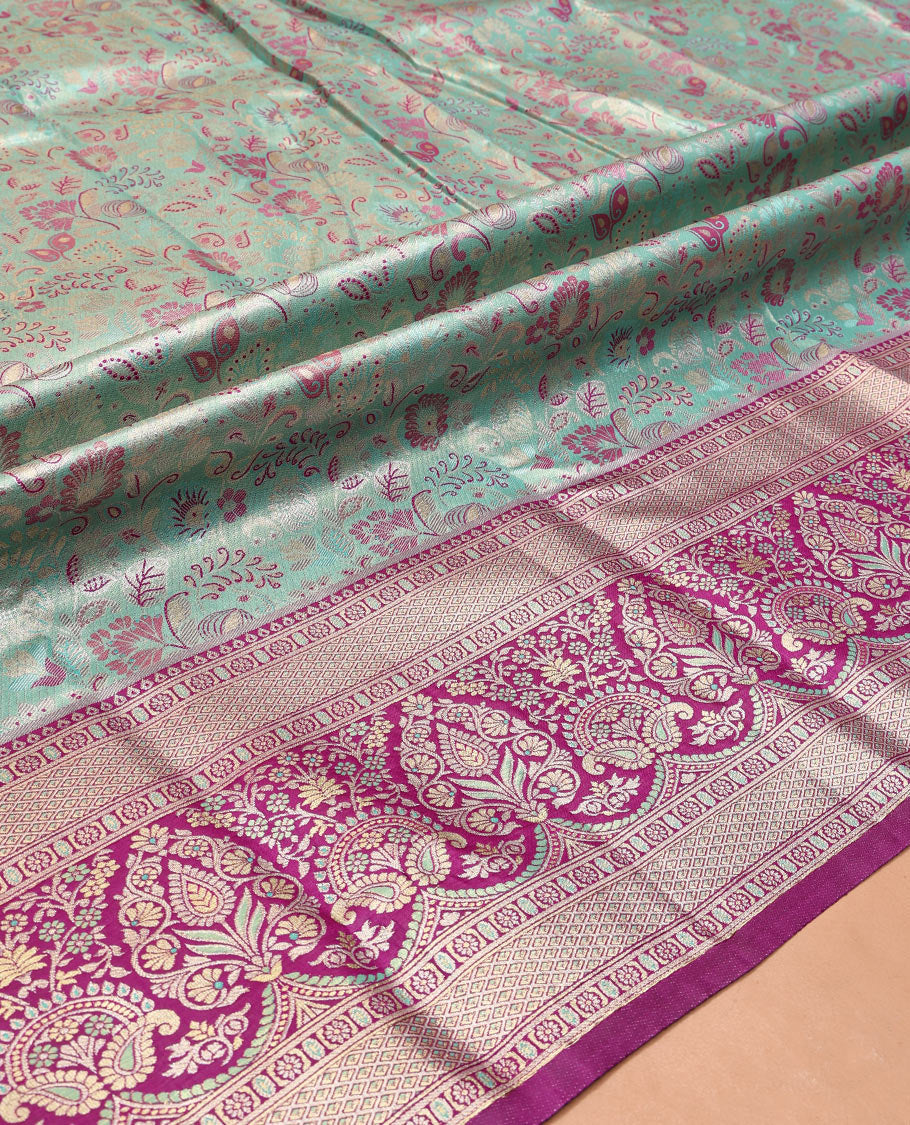 Blue Art Silk Material Half Saree, Majestically Detailed with Jacquard Skirt, a Contrast Meenakari Zari Border, Contrast Blouse, and an Intricate Dhavani