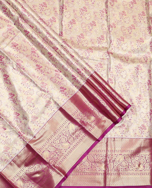 Off-white Art Silk Material Half-Saree Set, Subtly Sparkled with Jacquard Design Skirt, Complemented by Contrast Traditional Zari Designs Woven Border, Grand Jacquard Blouse, and Paired with a Intricate Blouse