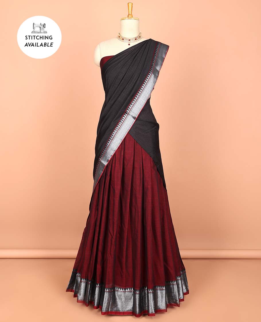 Green cotton half saree with contrast zari border, plain blouse & plain with zari border dhavani