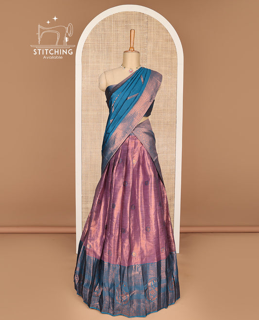 Violet floral design banaras half saree with contrast zari design border , zari design blouse & floral zari design dhavani