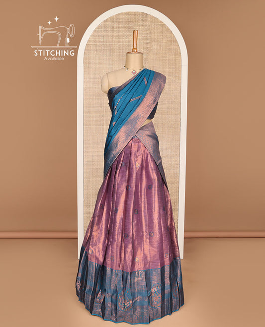 Violet floral design banaras half saree with contrast zari design border , zari design blouse & floral zari design dhavani