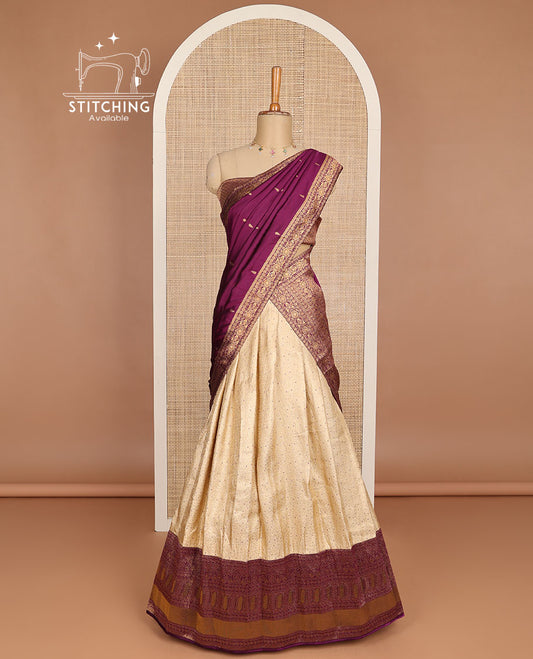 Cream jaal design art silk half saree with contrast zari design border, zari design blouse & intricate floral zari design dhavani