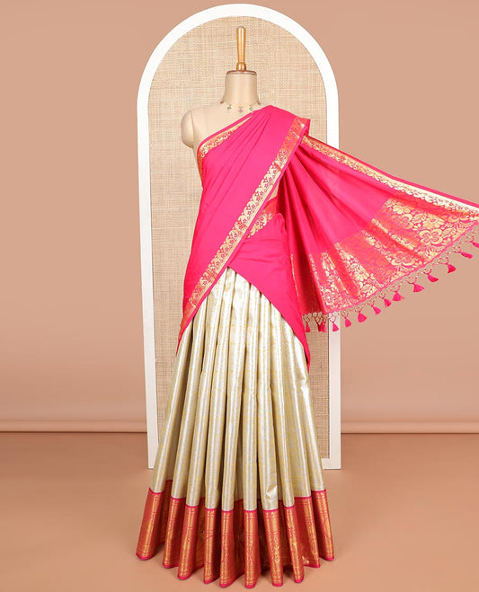 Light yellow floral jacquard art silk half saree with contrast intricate zari design border, zari design blouse & floral design dhavani