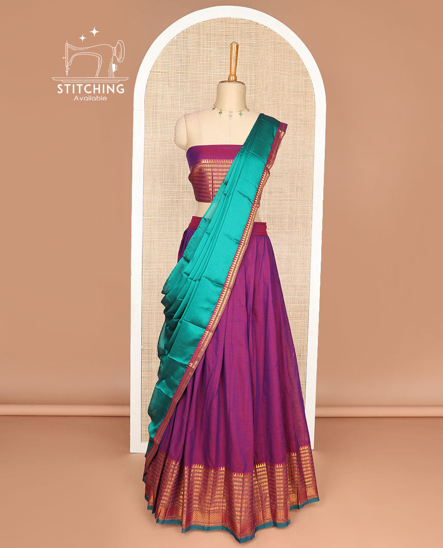 Purple cotton half saree with contrast temple, paun, checked design border, zari design blouse & zari design dhavani