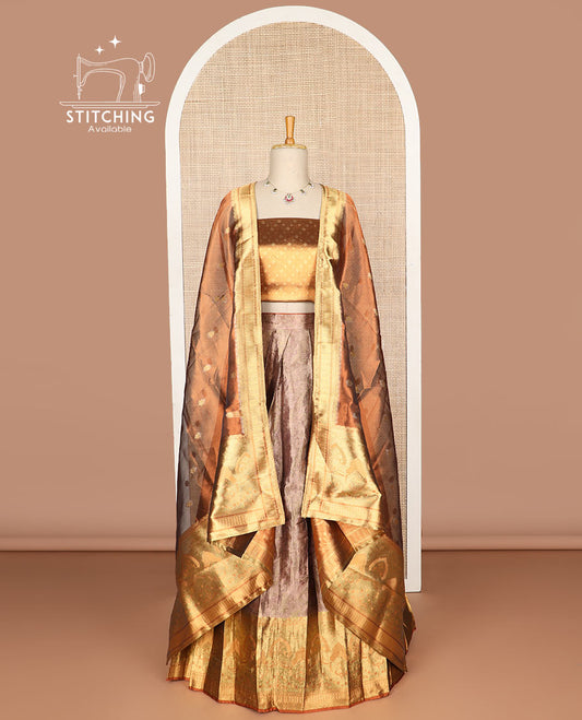 Chocolate brown buttas tissue half saree with contrast zari design border, zari design blouse & floral design dhavani