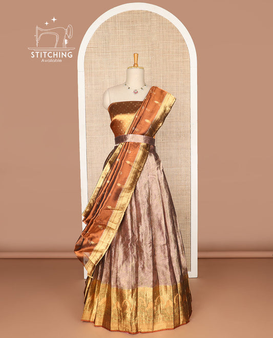 Chocolate brown buttas tissue half saree with contrast zari design border, zari design blouse & floral design dhavani