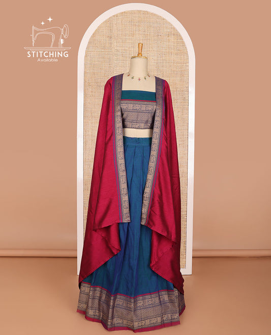 Blue cotton half saree with contrast elephant design border,elephant design blouse & zari design border dhavani