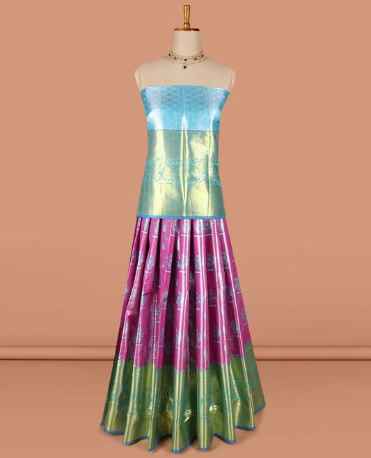 Pink checked with floral art-silk half saree, contrast traditional zari border,zari design blouse & argyle design dhavani