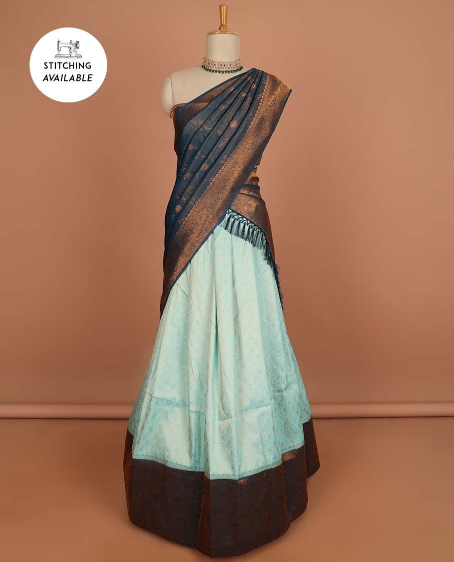 Blue buttas half sare with contrast zari border, zari design blouse & floral design dhavani