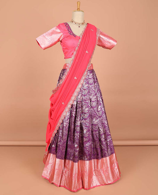 Violet floral jacquard semi-stitched half saree with contrast zari border,  embroidered blouse & scallop border dhavani