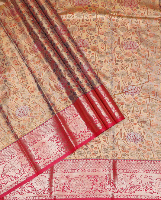 Sandal art-silk pavadai material set, floral meenakari-style jacquard pavadai with contrast blouse & traditional zari design border