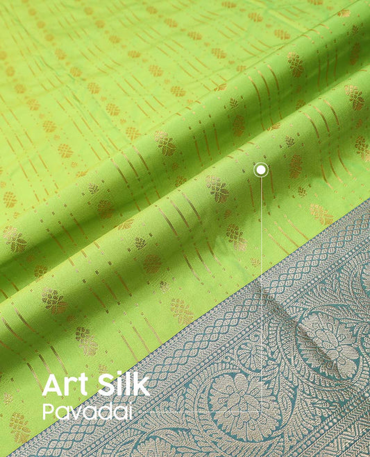 Parrot green art silk pavadai material, zari design with contrast traditional zari border skirt, and contrast blouse