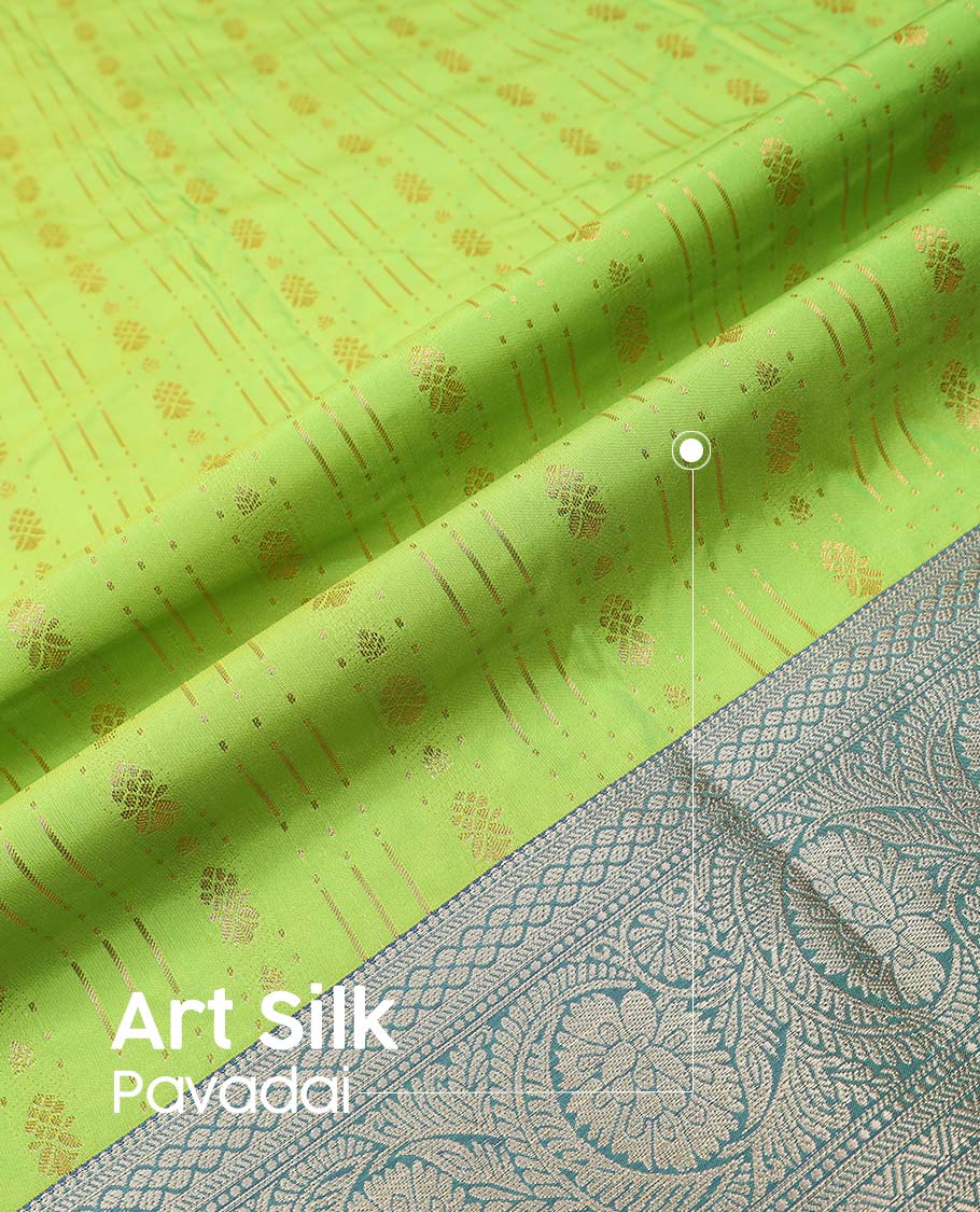 Parrot green art silk pavadai material, zari design with contrast traditional zari border skirt, and contrast blouse