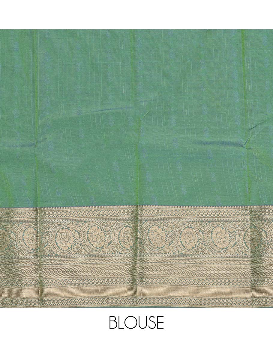 Parrot green art silk pavadai material, zari design with contrast traditional zari border skirt, and contrast blouse