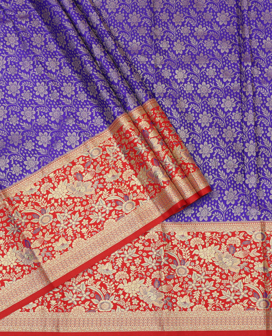 Blue Jacquard Art Silk Pavadai Material Features a Contrast Traditional Border, a Contrast Blouse