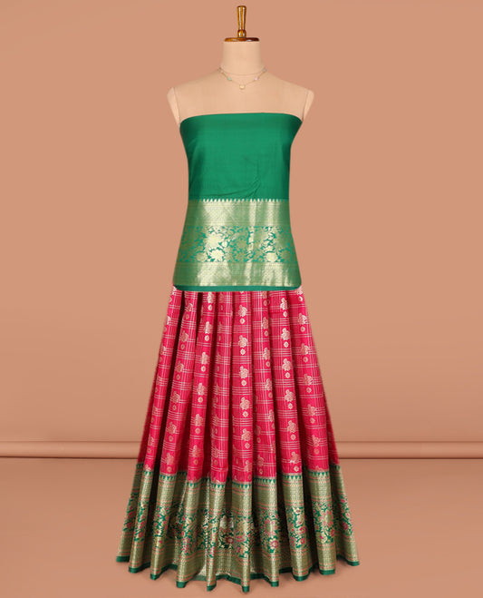 Red Art Silk Pavadai Material Set, Majestically Detailed with Zari Butta Enclosed Checks on Its Skirt, Complemented by a Contrast Floral Zari Designs Woven Border, and Paired with a Contrast Blouse
