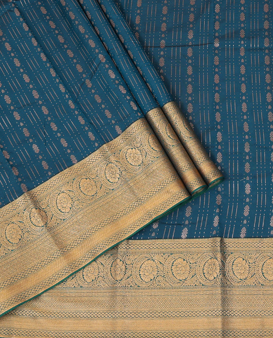 Blue Art Silk Pavadai Material Set, Elegantly Embellished with Zari Designs All Over the Skirt, Complemented by a Contrast Traditional Zari Design Border of Floral Creeper Designs, and Paired with a Contrast Blouse