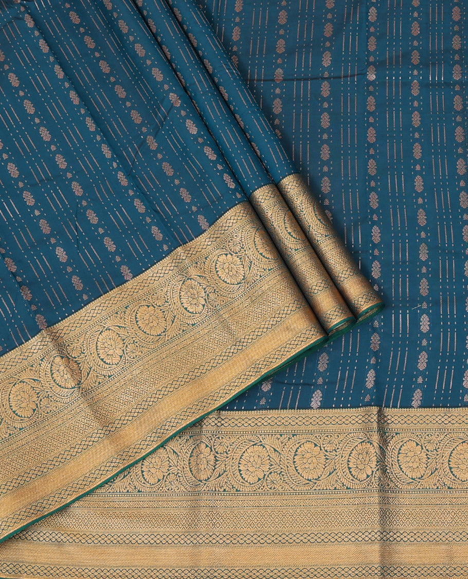 Blue Art Silk Pavadai Material Set, Elegantly Embellished with Zari Designs All Over the Skirt, Complemented by a Contrast Traditional Zari Design Border of Floral Creeper Designs, and Paired with a Contrast Blouse