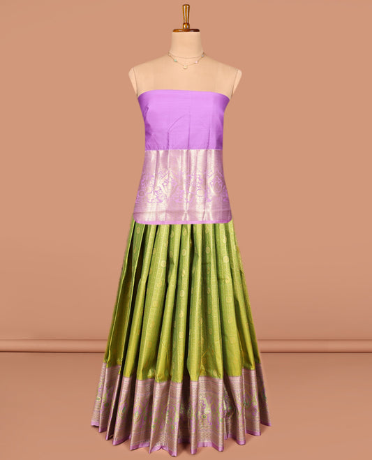 Green Art Silk Pavadai Material Set, Enthralled with Zari Buttas and Checks on Its Skirt, Complemented by a Contrast Mughal-Style Zari Designs Border, and Paired with a Contrast Blouse
