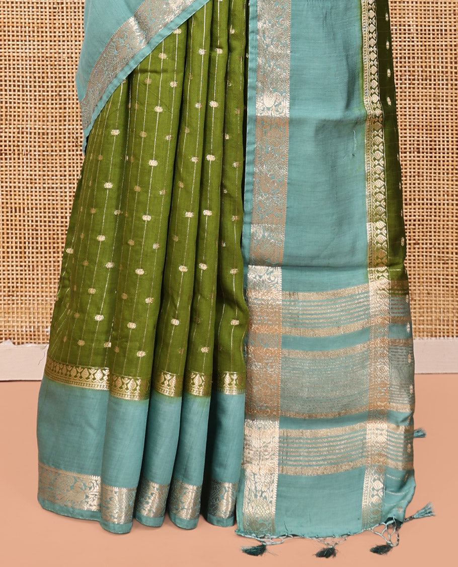 Green Assam Silk Saree, Woven with Zari Stripes, Complemented Contrast by a Traditional Zari Border, Striped Pallu, and a Contrast Blouse