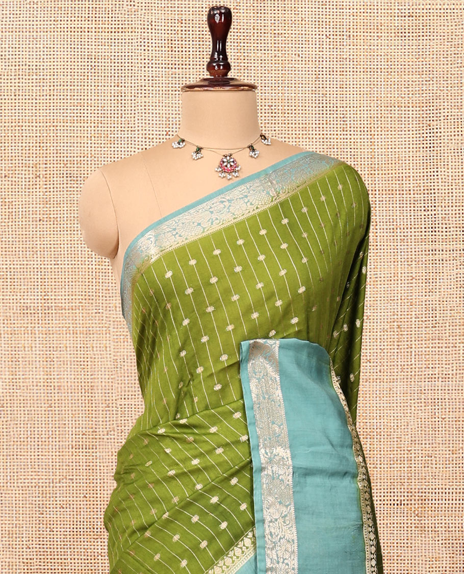 Green Assam Silk Saree, Woven with Zari Stripes, Complemented Contrast by a Traditional Zari Border, Striped Pallu, and a Contrast Blouse