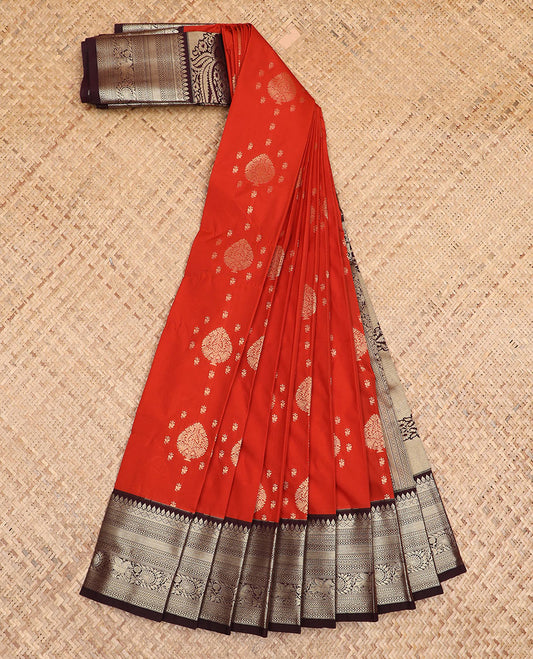Dark orange zari design gift saree, contrast traditional zari design border, and intricate pallu