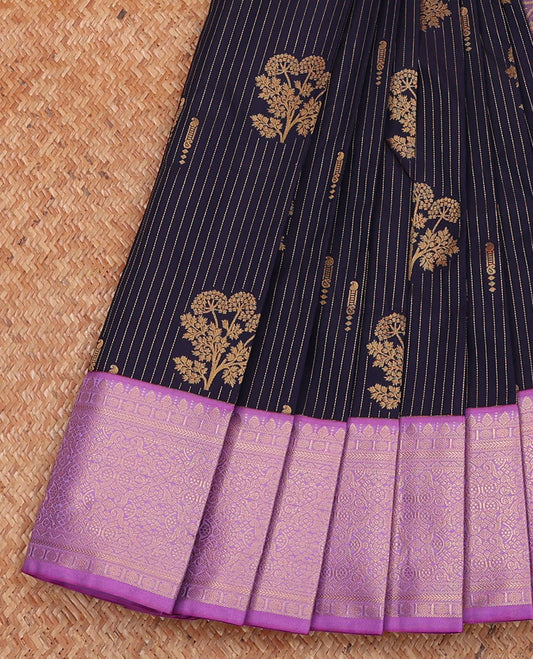 Navy blue floral buttas and striped budget silk saree, contrast traditional zari border, and intricate pallu