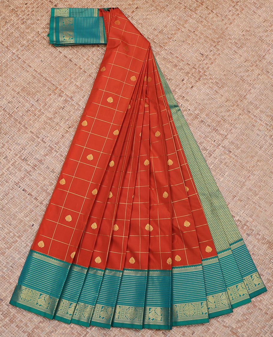 Orange Budget Silk Saree, Beautifully Bedecked with Butta Enclosed Checked All Over Its Body, Complemented by Contrast Traditional Zari Design Border, Sparsely Woven Jaal Pallu, and Paired with a Contrast Blouse