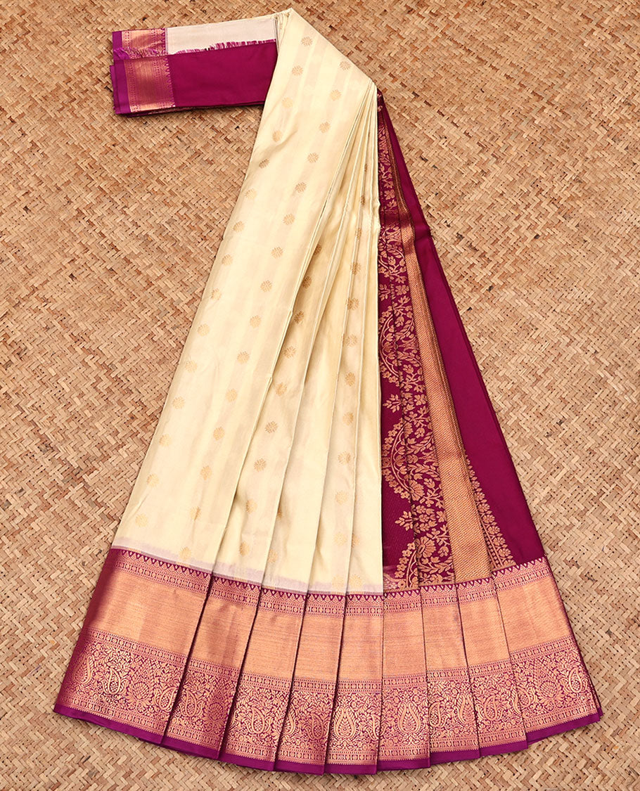 Cream Budget Silk Saree, Decked Up with Zari Buttas All Over Its Body, Complemented by a Contrast Traditional Zari Design Border, Grand Pallu, and Paired with a Contrast Blouse