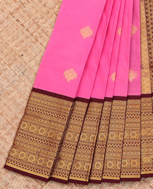 Pink Budget Silk Saree, Delicately Woven with Zari Buttas on Its Body, Complemented by a Contrast Traditional Zari Design Border, Grand Pallu, and Paired with a Contrast Blouse