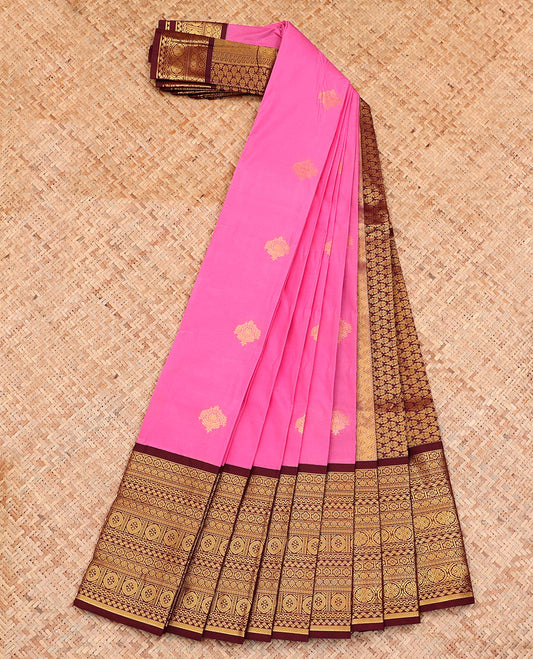 Pink Budget Silk Saree, Delicately Woven with Zari Buttas on Its Body, Complemented by a Contrast Traditional Zari Design Border, Grand Pallu, and Paired with a Contrast Blouse