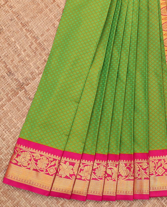 Green Budget Silk Saree, Elevated with Jaal Design All Over Its Body, Complemented by a Contrast Floral Creeper Design Border, Grand Pallu, and Paired with a Contrast Blouse