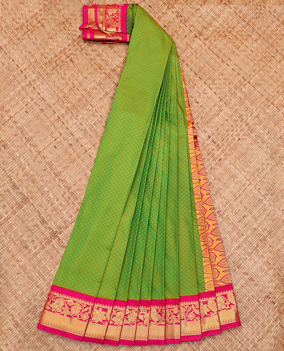Green Budget Silk Saree, Elevated with Jaal Design All Over Its Body, Complemented by a Contrast Floral Creeper Design Border, Grand Pallu, and Paired with a Contrast Blouse