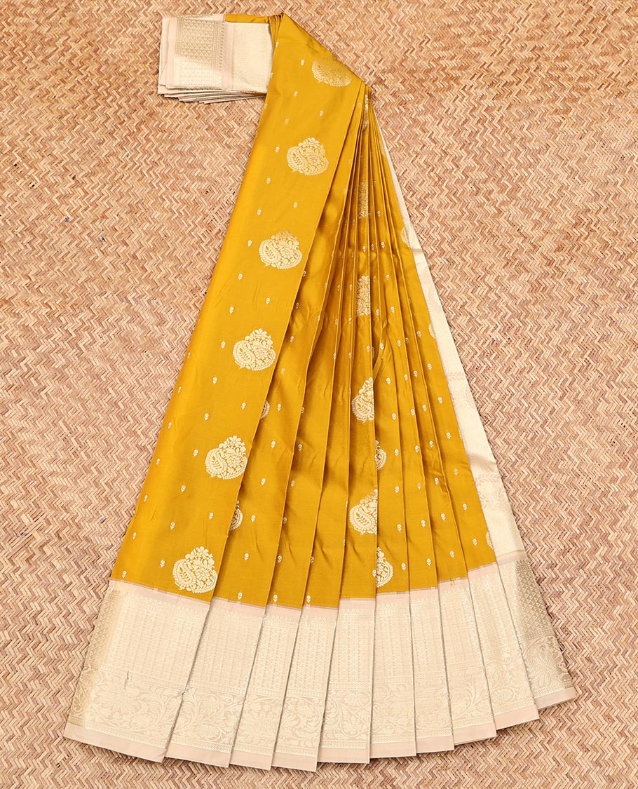 Yellow Budget Silk Saree, Featuring Zari Buttas on Its Body, Complemented by a Contrast Traditional Zari Design Border, Grand Pallu, and Paired with a Contrast Blouse