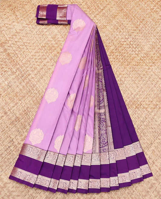 Lavender Budget Silk Saree, Embellished with Zari Buttas, Complemented by Contrast Traditional Zari Rettai Pettu Border, Grand Pallu, and a Contrast Blouse