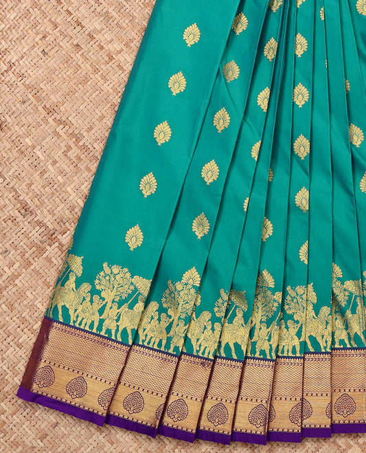 Green Budget Silk Saree, Woven with Zari Buttas, a Contrast Traditional Zari Border, Grand Pallu, and a Contrast Blouse