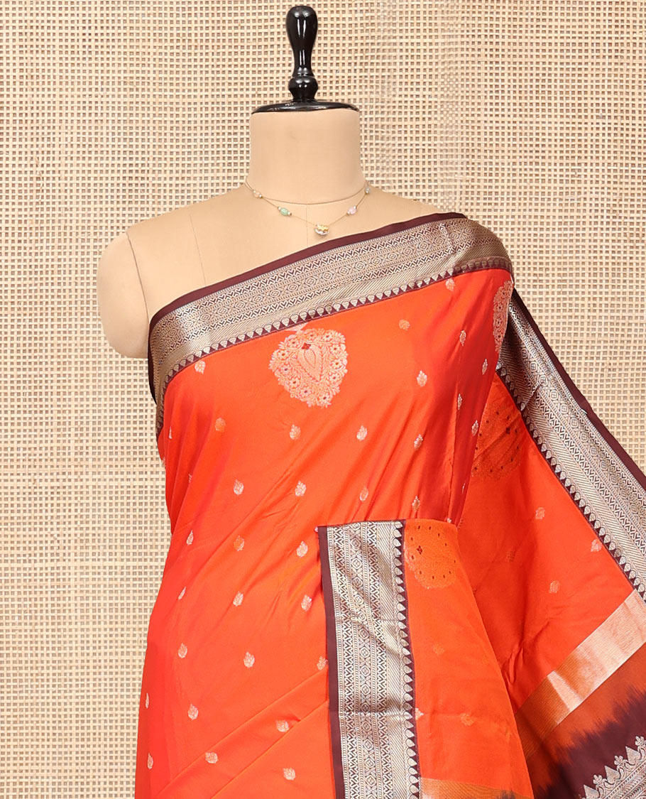 Orange Budget Silk Saree, Sparsely Threaded with Zari Buttas, Complemented by a Contrast Traditional Zari Border, Grand Pallu, and Contrast Blouse