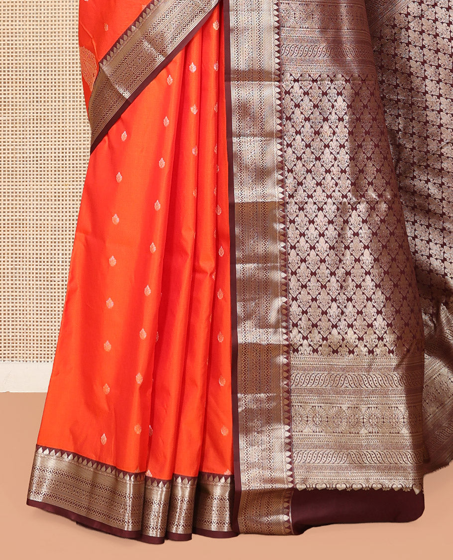 Orange Budget Silk Saree, Sparsely Threaded with Zari Buttas, Complemented by a Contrast Traditional Zari Border, Grand Pallu, and Contrast Blouse