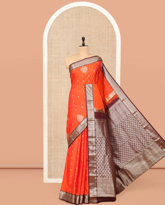 Orange Budget Silk Saree, Sparsely Threaded with Zari Buttas, Complemented by a Contrast Traditional Zari Border, Grand Pallu, and Contrast Blouse
