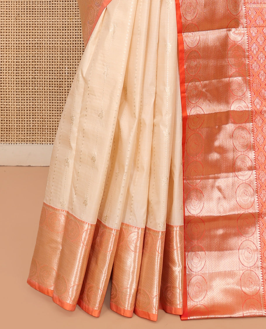 Light Sandal Budget Silk Saree, Crafted with Zari Buttas, Complemented by a Contrast Traditional Zari Border, Pallu of Jaal Design, and Contrast Blouse