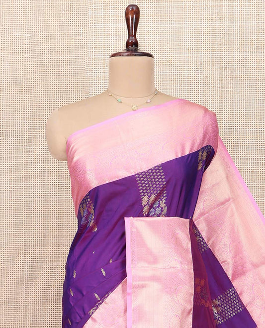 Violet Budget Silk Saree, Richly Detailed with Zari Buttas All Over Its Body, Complemented by a Contrast Traditional Zari Border of Floral Creeper Designs, Grand Jaal Pallu, and Paired with a Contrast Blouse