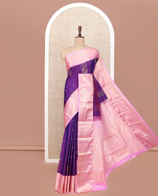 Violet Budget Silk Saree, Richly Detailed with Zari Buttas All Over Its Body, Complemented by a Contrast Traditional Zari Border of Floral Creeper Designs, Grand Jaal Pallu, and Paired with a Contrast Blouse