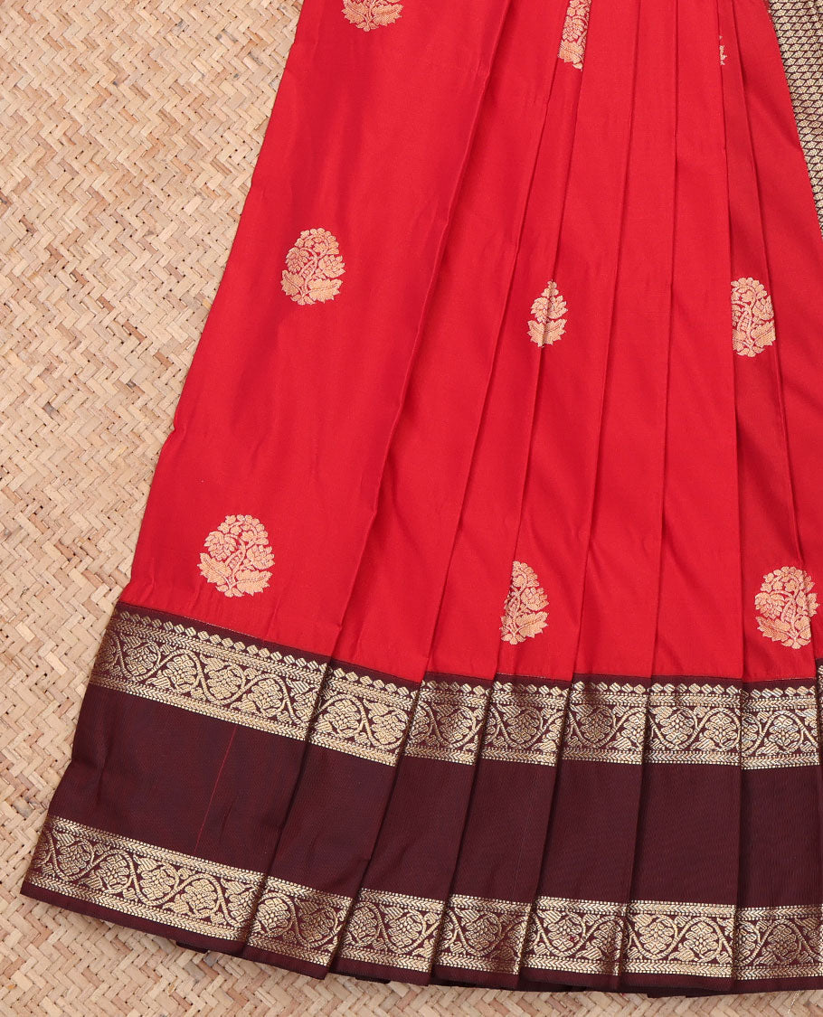 Red Budget Silk Saree, Accentuated with Zari Buttas All Over Its Body, Complemented by a Contrast Traditional Zari Rettai Pettu Border of Floral Creeper Designs, Gleaming Jaal Pallu, and Paired with a Contrast Blouse